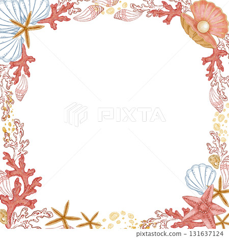 Square frame of seashell with pearl in watercolor style. Hand drawn line art with red starfish and coral in colored pencil sketch. Great for summer card template. Perfect for nautical coastal print. Square frame of seashell with pearl in watercolor style. Hand drawn line art with red starfish and coral in colored pencil sketch. Great for summer card template. Perfect for nautical coastal print. 131637124