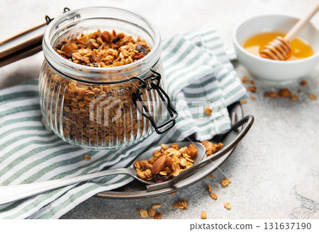 Homemade granola cereal with oats nuts and dried fruits Homemade granola cereal with oats nuts and dried fruits 131637190