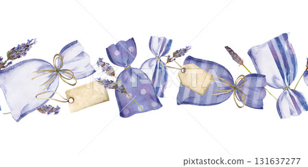 Lavender lavandula flower stalks. Herbal sachet bag assortment with ribbon bows, tags. Isolated seamless banner illustration hand drawn in watercolor. Linens scented wardrobe storage, self-care gifts Lavender lavandula flower stalks. Herbal sachet bag assortment with ribbon bows, tags. Isolated seamless banner illustration hand drawn in watercolor. Linens scented wardrobe storage, self-care gifts 131637277