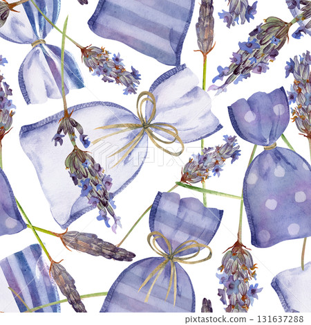 Lavender sachet bags with raffia ribbon bows and rustic textile texture, striped and dotted. Seamless pattern isolated illustration hand drawn in watercolor. Packaging, fabric design, product label Lavender sachet bags with raffia ribbon bows and rustic textile texture, striped and dotted. Seamless pattern isolated illustration hand drawn in watercolor. Packaging, fabric design, product label 131637288
