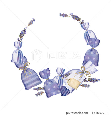 Lavender-filled sachet bags tied with ribbon, country-style stripes dots. Isolated wreath frame illustration hand drawn in watercolor. Natural remedy decor, handmade product tags, aromatherapy art. Lavender-filled sachet bags tied with ribbon, country-style stripes dots. Isolated wreath frame illustration hand drawn in watercolor. Natural remedy decor, handmade product tags, aromatherapy art. 131637292