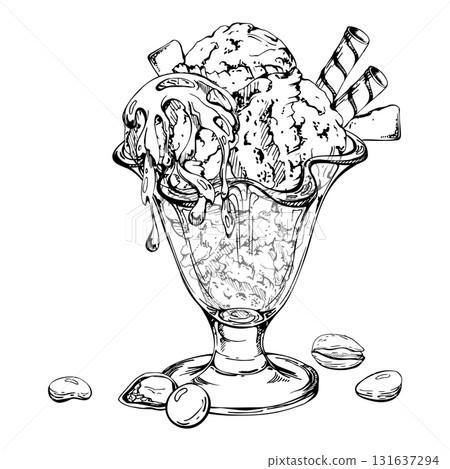 Gelato ice cream with chocolate chips, wafer rolls, syrup sprinkle, pistachio nuts in sundae tulip dessert bowl. graphic illustration hand drawn in vector ink. Confectionery art, sweet product tag Gelato ice cream with chocolate chips, wafer rolls, syrup sprinkle, pistachio nuts in sundae tulip dessert bowl. graphic illustration hand drawn in vector ink. Confectionery art, sweet product tag 131637294