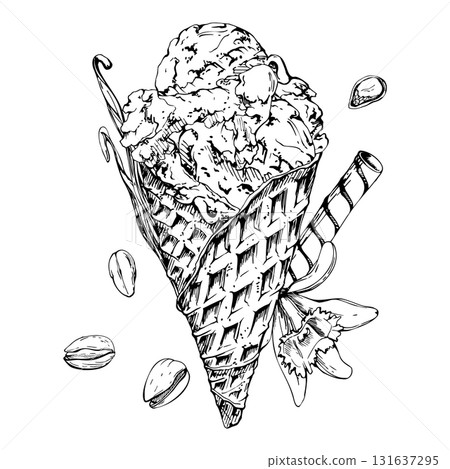 Ice cream in crisp waffle cone, crushed pistachio nuts topping, vanilla flower seed pods. graphic illustration hand drawn in vector ink. Natural flavor label, botanical product tag, vegan food art Ice cream in crisp waffle cone, crushed pistachio nuts topping, vanilla flower seed pods. graphic illustration hand drawn in vector ink. Natural flavor label, botanical product tag, vegan food art 131637295