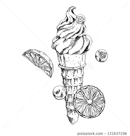 Wafer cone of soft ice cream swirl with fresh orange slices, blackberry blueberry berries. graphic illustration hand drawn in vector ink. Summer fair treat label, frozen dessert menu, party invite Wafer cone of soft ice cream swirl with fresh orange slices, blackberry blueberry berries. graphic illustration hand drawn in vector ink. Summer fair treat label, frozen dessert menu, party invite 131637296