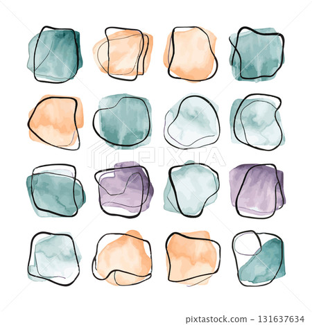 Artistic abstract composition featuring colorful shapes and fluid lines on a white background Artistic abstract composition featuring colorful shapes and fluid lines on a white background 131637634