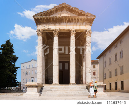 Temple of Augustus in Pula, Croatia with tourists 131637643