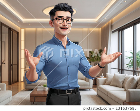 Friendly Asian real estate agent character welcoming you to a new luxury home. Smiling property broker illustration for mortgage, housing investment, and property sale concepts. 131637683