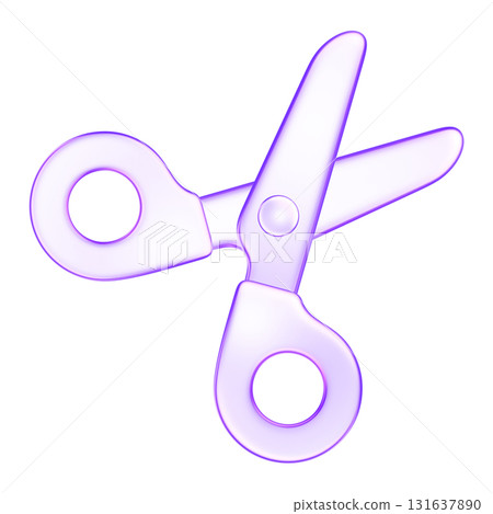 3D glassmorphism scissors icon. Minimal glossy purple design representing cutting, crafting, and creation. 131637890