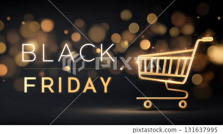 Black Friday promotional graphic featuring a glowing shopping cart and festive bokeh lights, ideal for marketing campaigns and seasonal sales 131637995
