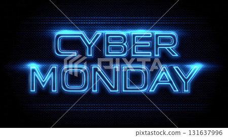 Cyber Monday neon sign glowing in blue light against a dark textured background, symbolizing online shopping and digital sales events 131637996