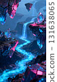 Abstract glowing river flowing between floating rocks 131638065