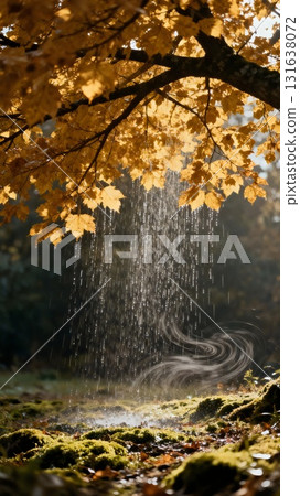 Rain pours from lush branches onto mossy ground 131638072