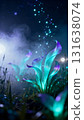 strange meadow of glowing plants with floating light particles 131638074