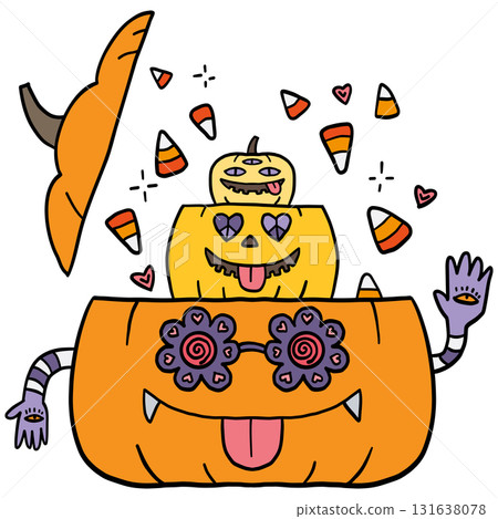 halloween Playful Halloween pumpkins with candy and quirky expressions. in doodle color line style 131638078