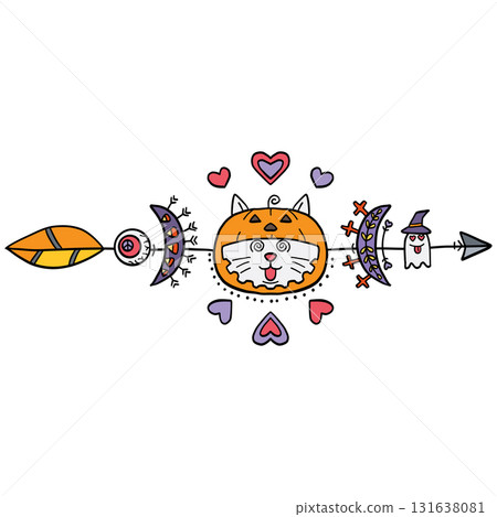 halloween Playful Halloween-themed cat illustration with decorative elements. in doodle color line style 131638081