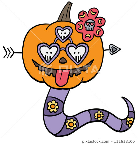 halloween Playful cartoon pumpkin with cute hearts and a flower. in doodle color line style 131638100