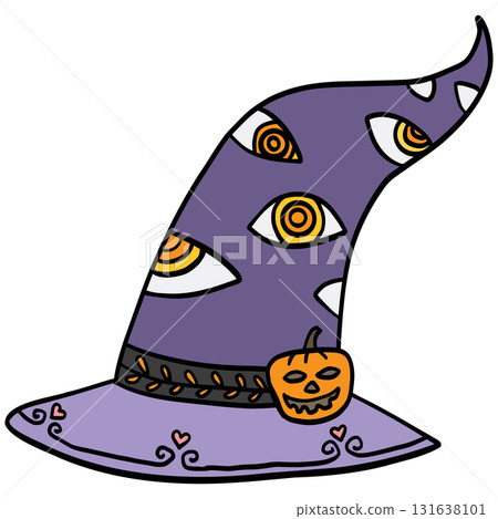 halloween Witch hat with eyes and pumpkin design for Halloween. in doodle color line style 131638101