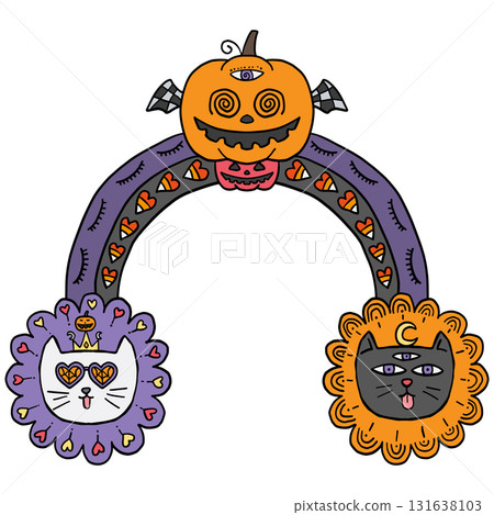 halloween Colorful Halloween-themed arch with cats and pumpkin design. in doodle color line style 131638103