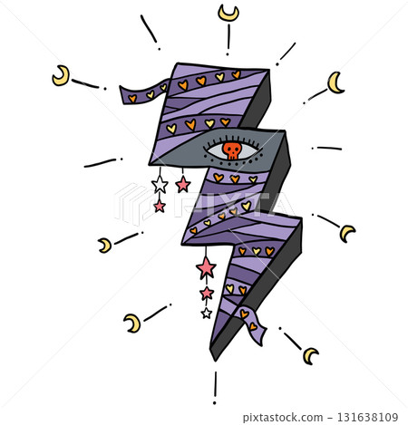 halloween Lightning bolt with decorative elements and stars. in doodle color line style halloween Lightning bolt with decorative elements and stars. in doodle color line style 131638109