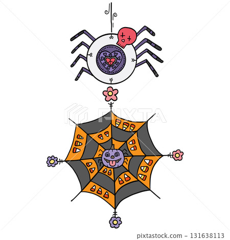 halloween Colorful spider and web illustration with floral elements. in doodle color line style 131638113