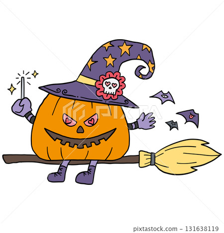 halloween Whimsical pumpkin character flying on a broomstick. in doodle color line style halloween Whimsical pumpkin character flying on a broomstick. in doodle color line style 131638119