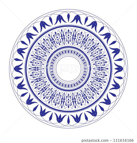 An elegant vector illustration of circular ornament reminiscent of faience or traditional blue and white porcelain. Symmetrical floral motifs in rich blue hue on white background. For decorative plate An elegant vector illustration of circular ornament reminiscent of faience or traditional blue and white porcelain. Symmetrical floral motifs in rich blue hue on white background. For decorative plate 131638166