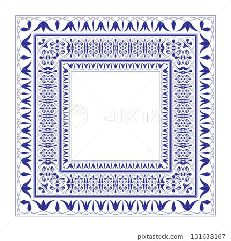 Blue border frame deco simple line corner ornate pattern. Square national ornament frame. Detail and element for design and postcards, Sandblasting, ceramic, patchwork, Borders and frames 131638167