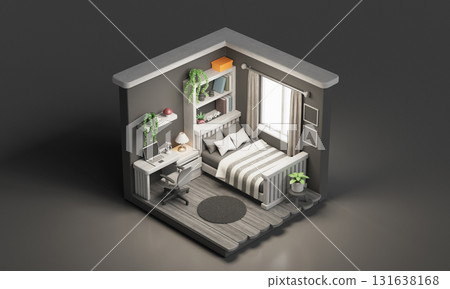 Isometric Modern Cozy Bedroom Interior. 3D Rendering. Isometric Modern Cozy Bedroom Interior. 3D Rendering. 131638168