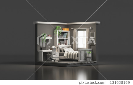Isometric Modern Cozy Bedroom Interior. 3D Rendering. Isometric Modern Cozy Bedroom Interior. 3D Rendering. 131638169