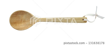 Top view wooden ladle with cloth string for hanging cooking equipment isolated on white background 131638178