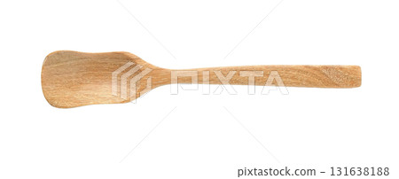 Wooden spoon equipment for scooping ice cream or raw ingredients, top view isolated on white background. 131638188