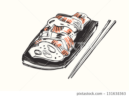 Hand drawn sushi vector illustration with chopsticks 131638363