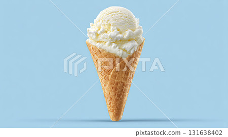 AI-generated item. Vanilla ice cream scoop in a waffle cone on blue background. 131638402