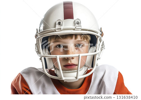 Young boy wearing american football helmet. AI-generated item 131638410
