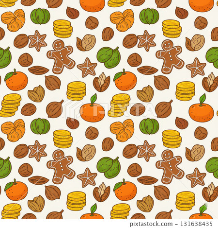 Seamless holiday pattern featuring oranges, gingerbread cookies, gold coins, and nuts. Warm seasonal design perfect for Christmas packaging, wrapping paper, or festive backgrounds. Vector illustration Seamless holiday pattern featuring oranges, gingerbread cookies, gold coins, and nuts. Warm seasonal design perfect for Christmas packaging, wrapping paper, or festive backgrounds. Vector illustration 131638435