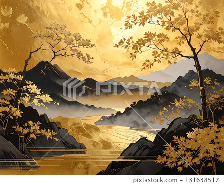 金箔的閃耀與水墨的濃淡交織，營造出夢幻般的日本氛圍的風景畫。 131638517