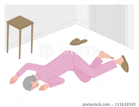 Illustration of a senior woman who has collapsed indoors and is unable to move 131638595