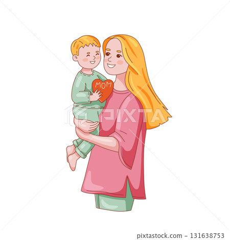 Young mother with long hair holds baby in her arms. Child and woman smile at each other. Kid wishes happy Mothers Day. 131638753