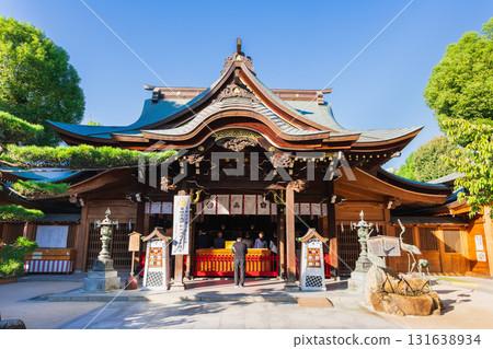 Fukuoka - Kushida Shrine, which oversees the Hakata Gion Yamakasa rituals, with its worship hall and main hall 131638934