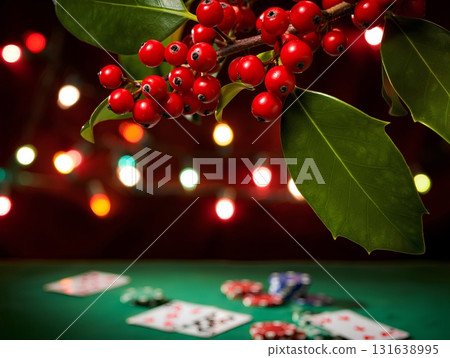 Christmas casino scene with playing cards, poker chips, and holly over green felt table, festive holiday theme 131638995