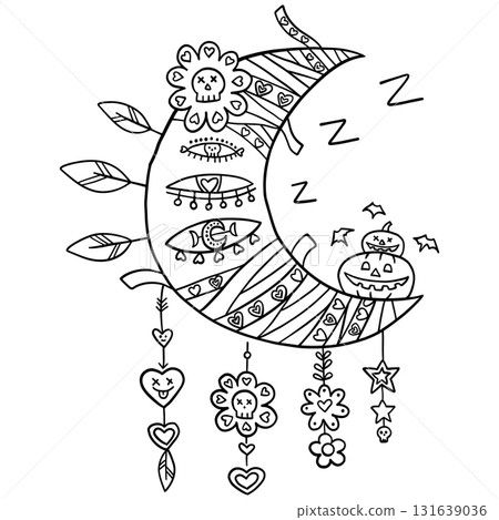 halloween Whimsical moon with playful designs and hanging decorations. in doodle line style 131639036