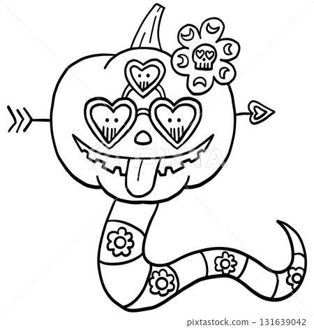 halloween Playful cartoon pumpkin with cute hearts and a flower. in doodle line style 131639042