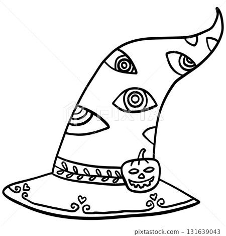 halloween Witch hat with eyes and pumpkin design for Halloween. in doodle line style halloween Witch hat with eyes and pumpkin design for Halloween. in doodle line style 131639043