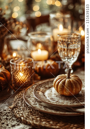 Autumn table setting for thanksgiving dinner with pumpkins 131639183