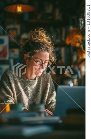 Woman working on laptop researching remotely from home 131639211