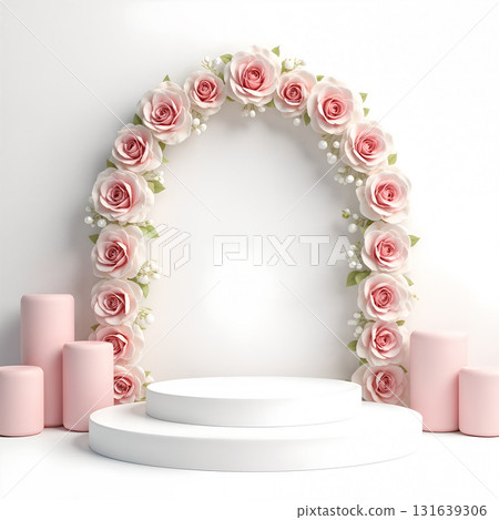 White circle-shaped product display stand and powder red glass, Lover's Day, Mother's Day, Women's Day, Birthday, Anniversary Day, Marriage, Romantic Romance, Broad Announcement, Material Desk 131639306