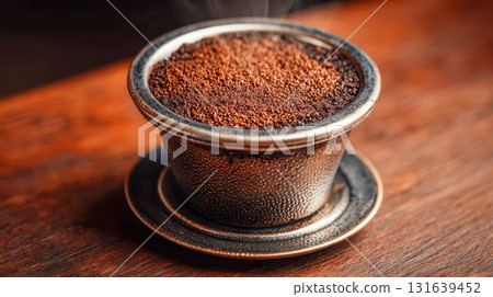 Close-up of a traditional Vietnamese Phin filter filled with freshly ground coffee brewing at a village cafe 131639452