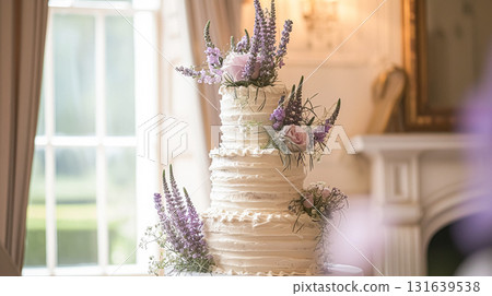 Wedding cake with lavender flowers. Holiday table decoration 131639538