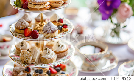 Elegant table setting for tea party with cakes and cupcakes in English manor. Vintage style. Elegant table setting for tea party with cakes and cupcakes in English manor. Vintage style. 131639540