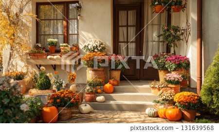Front porch and steps are richly decorated for autumn with pumpkins and potted chrysanthemums. Welcoming and festive atmosphere, perfect for themes of home decor, fall celebrations 131639568